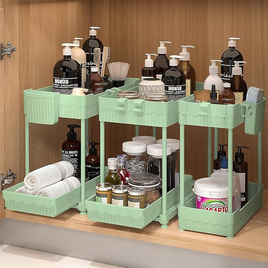 3 Pack Under Sink Organizers, 2-Tier Multi-Use Kitchen and Bathroom Organizers and Storage with Sliding Drawers, Bathroom Cabinet Organizer (Green, 14.8 Inch)