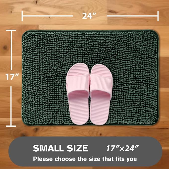 Dark Green Bathroom Rugs – Absorbent and Washable Bath Mat, Non-Slip, Thick Soft Chenille Bath Rugs for Bathroom Floor, Shower, Sink - 17" x 24"