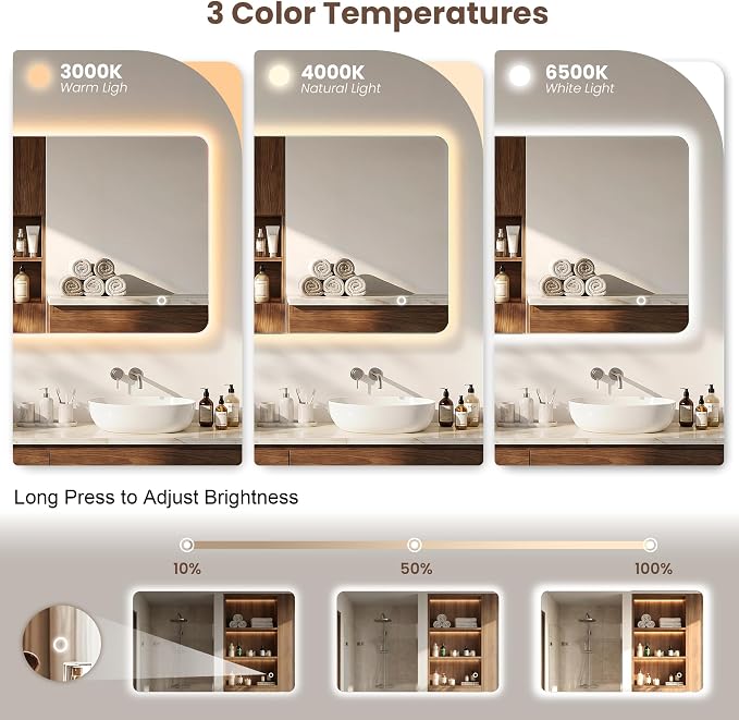 30"x48" Frameless LED Backlit Bathroom Mirror Dimmable | 3 Colors Temperature, HD Tempered Glass, High Lumen, Touch Control, Horizontal/Vertical for Bathroom, Closet, Vanity