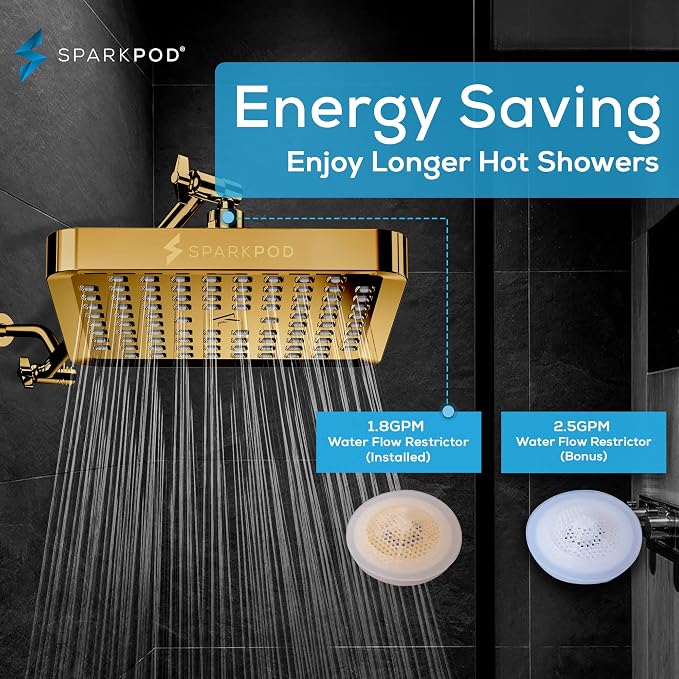 SparkPod Rain Shower Head, 6 Inch Square, Egyptian Gold Finish | High Pressure Shower Heads, 90 Nozzles, Adjustable Showerhead, No Tools Needed, Universal Connection