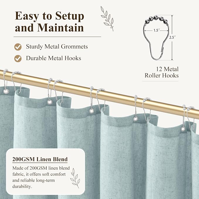 Jowels Blue Linen Fabric Shower Curtains for Bathroom, 72x78 | Long Size, Blue Linen Shower Curtains Set, Waterproof Washable Weighted Textile,Metal Hooks, Hotel Boho Farmhouse Decor