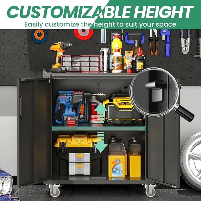 Garage Storage Cabinet System,Wall Cabinet & Locking Rolling Tool Cabinet with Doors and Adjustable Shelves