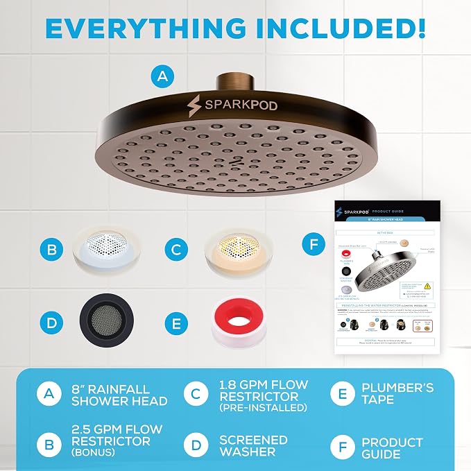 SparkPod Rain Shower Head, 8 Inch Round, Vintage Oil-Rubbed Bronze Finish | High Pressure Shower Heads, 90 Nozzles, Adjustable Showerhead, No Tools Needed, Universal Connection