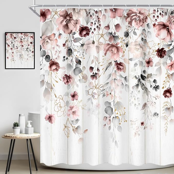 Rusic Floral Grey Pink Eucalyptus Leaves Bathroom Shower Curtain Set | 72"W x 72"L Flower Blossom look, waterproof HD printed shower curtain, quick-dry fabric and free hooks.