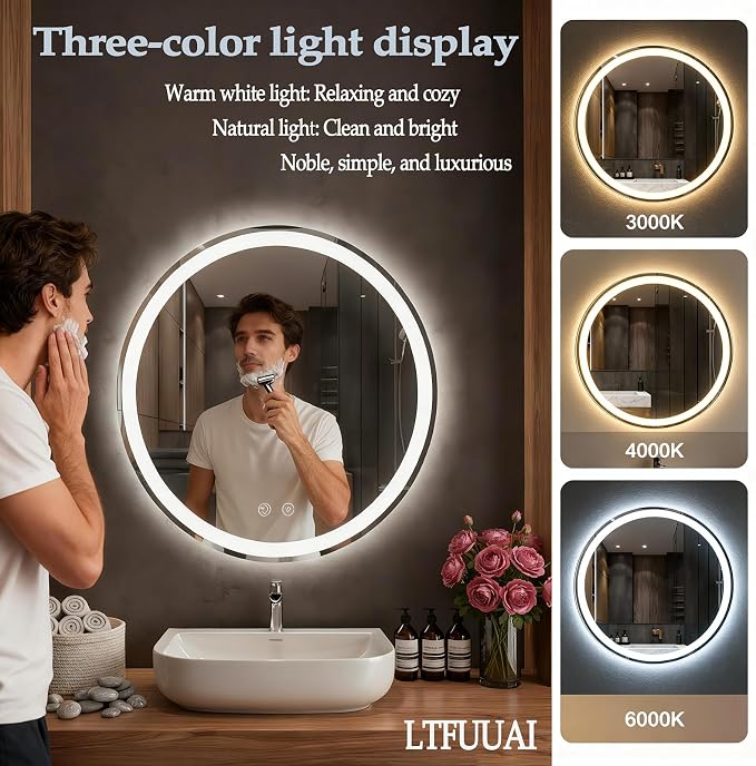 LTFUUAI 20" Round LED Bathroom Mirror with Lights, Front & Back Light | Lighted Bathroom Mirror, Touch 3-Color Stepless Dimming, Wall Mounted, Anti-Fog Shatterproof, UL Listed