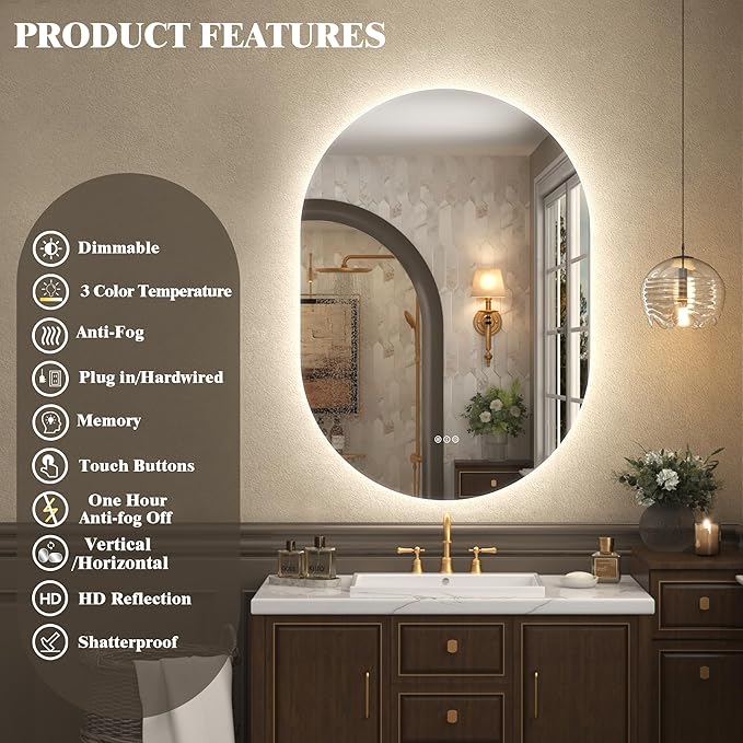 40x24 Inch Oval Backlit LED Bathroom Mirror for Wall | Stepless Dimmable, Shatter-Proof, Anti-Fog, 3 Colors, Memory, Phill-shaped, ETL Listed(Horizontal/Vertical)
