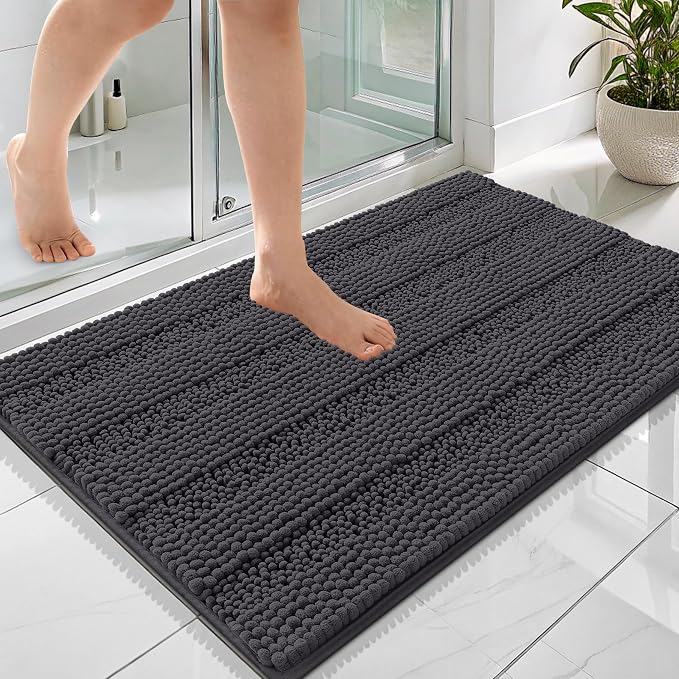 OLANLY Thick Bathroom Rugs 36x24, Chenille Striped Bath Rugs, Dark Grey | Rubber Backing, Machine Wash, Extra Soft Absorbent Bath Mats for Bathroom Floor, Tub and Shower, Home Decor Accessories