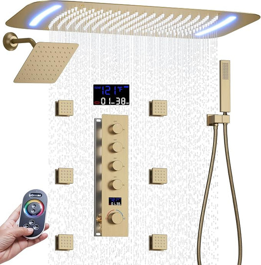 AYIVG Brushed Gold 4 Function Dual Shower Heads System Multi Functions 16 X 26 Inch Rainfall and 8 Inch Wall Mount with 6 Jets Full Body Shower System Set with Handheld shower head