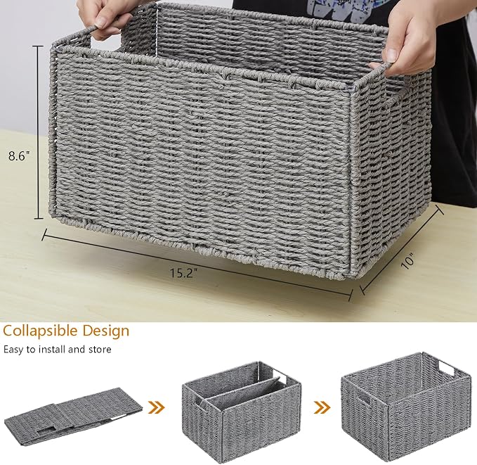 Wicker Storage Basket, Set of 2 Hand-Woven Paper Rope Wicker Basket, Small Storage Baskets for Organizing Toilet Paper Basket, Foldable Large Cube Storage Organizer Bins for Shelves (Grey)