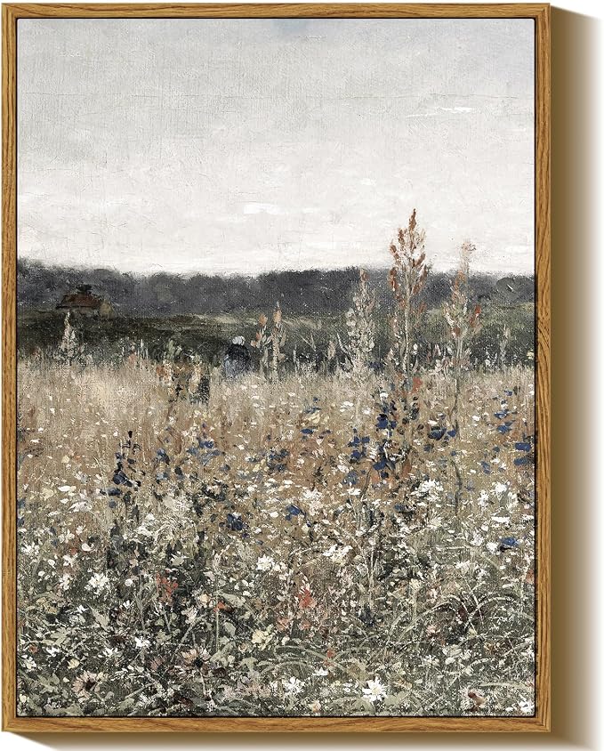 InSimSea Framed Canvas Prints Art Vintage Decor, Wildflower Field Meadow with Flowers Painting, Rustic Landscape Wall Art for Living Room Bedroom Home Bathroom Wall Decor, 12x16inch