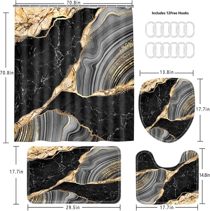 Nkzply 4Pcs Black Shower Curtain Bathroom Sets with Shower Curtain and Rugs | Gold Marble Modern Abstract Shower Curtain Set Grey Bathroom Rug Set Bathroom Decor Accessories with Hooks Toilet Lid Cover