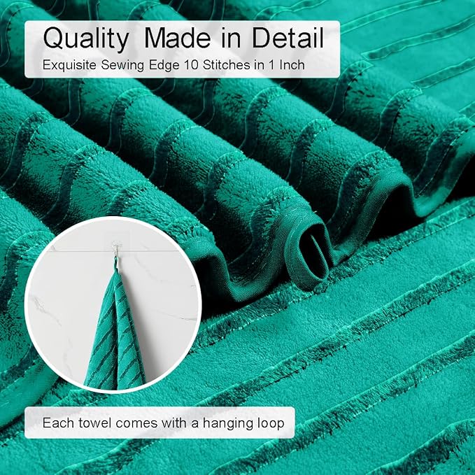 8 Pcs Blue Green Cabana Stripe Large Bath Towel Set - Oversize Bath Sheet, 2 Bathroom Towels, 2 Hand Towels, 4 Washcloths - Soft, Jumbo, Absorbent Shower Towel - Quick Dry, Beach, Spa, Gym Towel