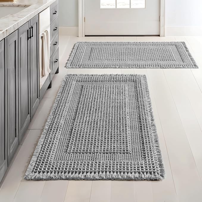 MIULEE Set of 2 Waffle Bathroom Rugs Light Grey Boho Bath Mat 18x30 in | Looped Design, Super Absorbent, Non Slip, Washable, Ultra Soft, Rubber Backed, Bathroom Mats for Floor Tub Shower
