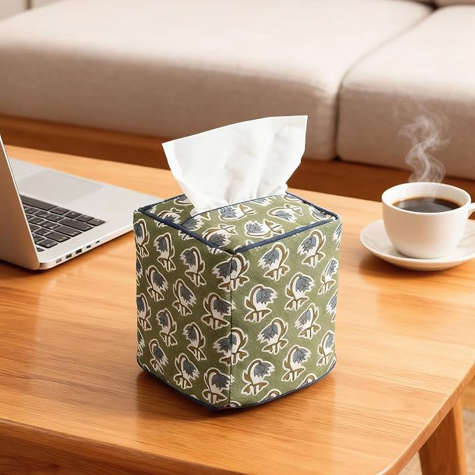 Green Fabric Tissue Box Cover - Floral Print Tissue Box & Decorative Square Napkin Holder Handmade Cotton for Home Bedroom Vanity Countertop Night Stands Office
