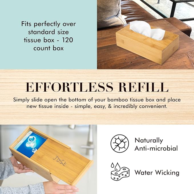Design Tissue Box Holder - Modern, Minimalist, and Durable Wooden Tissue Box with Sliding Bottom, Easy-Refill- Premium-Quality Bamboo Tissue Box Cover, Fits 120-Count Box, Short Rectangular