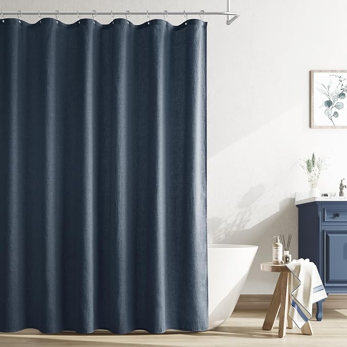 Denim Blue Linen Shower Curtain, Country Boho Farmhouse Bath Decor Shower Curtains Neutral Cloth Weighted Textured Fabric Bath Curtain Liner with Hooks, 72x72