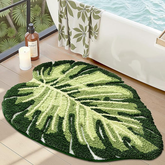 LUMI Bathroom Rug Green Leaf, Absorbent Non Slip Bath Mat, 23.5"x31.5" | Monstera, Soft Plush Microfiber, Quick Dry, Washable Cute Plant for Shower Floor, Bathroom, Sink Bathtub, Bedroom, Kids Room