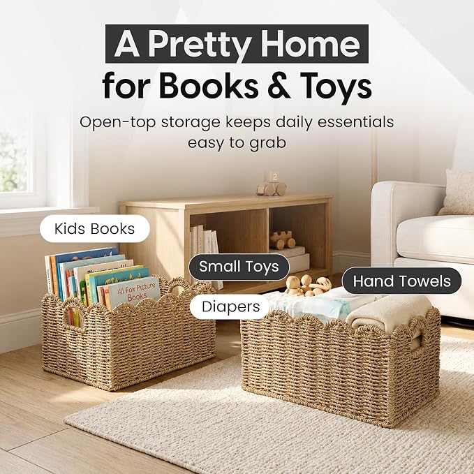 ByteX Scalloped Basket Set (2 Large Baskets) Seagrass Wicker Storage Baskets for Nursery & Kids Books | Decorative Scalloped Edge Rattan Style Book Basket for Toys, Shelves & Decor
