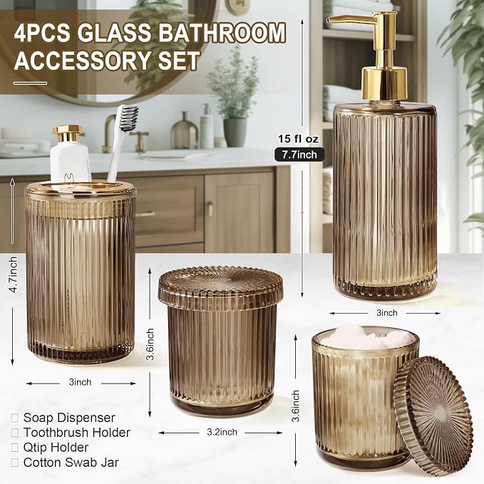 KASUNTING Brown Glass Bathroom Accessories 4 Pcs, Brown Bathroom Set, Soap Dispenser and Toothbrush Holder Set, Qtip Holder Set, Vintage Bathroom Sink Set, Modern Bathroom Decor