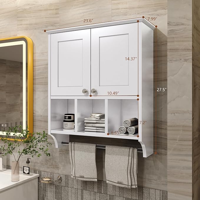 Bathroom Medicine Cabinet, Bathroom Cabinet Wall Mounted Over-The-Toilet with Towel Bar, 2 Doors & 3 Open Shelves, White