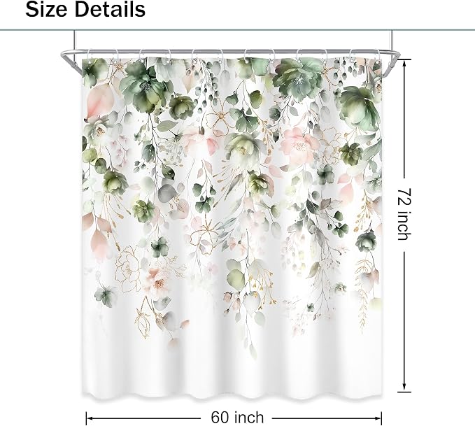 Summer Green Pink Floral Spring Eucalyptus Bathroom Shower Curtain Set | 60"W x 72"L Flower Leaves look, waterproof HD printed shower curtain, quick-dry fabric and free hooks.