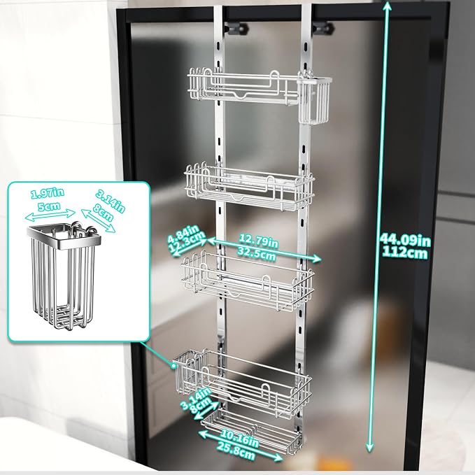 HapiRm 5 Tier Over the Door Shower Caddy, Hanging Shower Caddy with 28 Hooks and 2 Toothbrush Holders, No Drilling Adjustable Hanging Bathroom Organizer - Silver