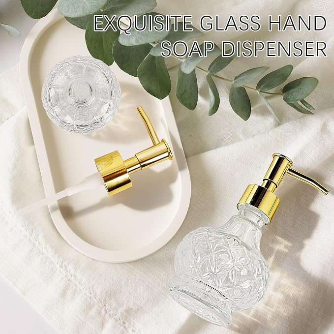 Glass Hand Soap Dispenser Bathroom with Rust-Proof Pump | Small Crystal Soap Dispenser for Kitchen Dish Soap, Hand Soap, Essential Oil & Lotion (New-Clear,Gold-Head)