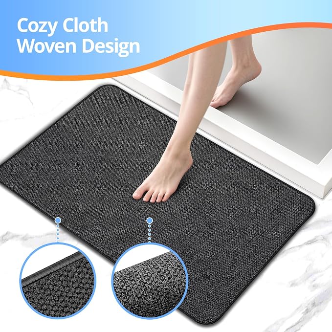 HOMTEB Bath Mat 17x27Inch, Thin Bath Mats Rugs with Rubber Backing Non-Slip, Absorbent,Quick Dry Machine Washable, Home Decor Accessories Cozy Cloth Bathroom Rugs fit Under Door/Sink/Tub-Black