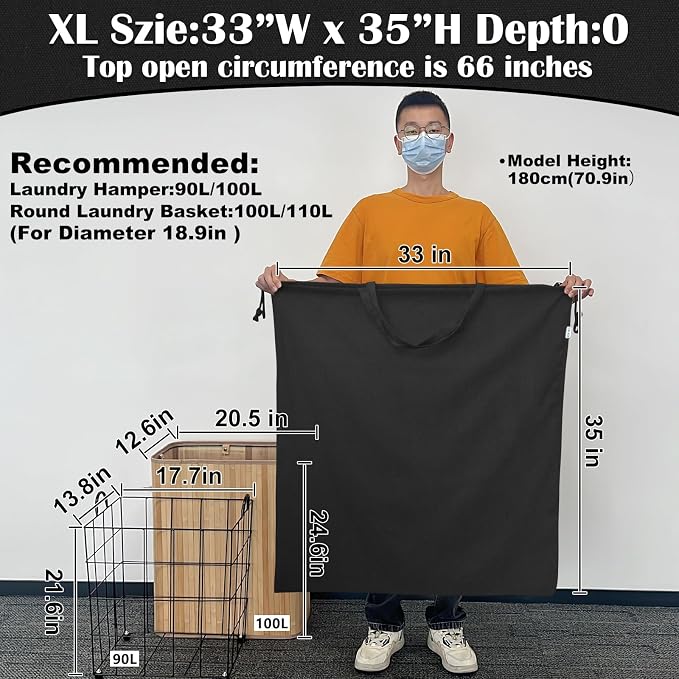 Canvas Laundry Bag 33"Wx 35"H,Extra Large Heavy Duty Hamper Liner, XL Black | Thick Canvas Fabric, with Handles & Drawstring Closure, Washable Basket Liner Home Storage Sack, 1Pack