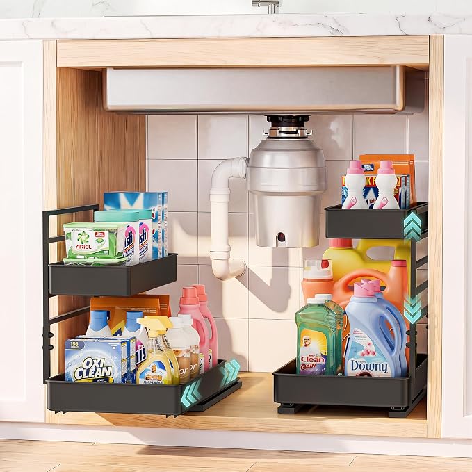 EVERIE Height Adjustable 2 Tier Metal Pull Out Slide Shelf Organizer for Under Sink Cabinets in Kitchen, Bathroom, with Snap-on Top Tray, 16" Deep (Black, 2 Sets) | Pull Out