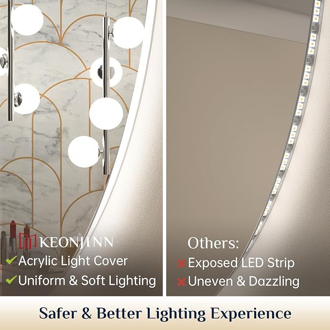 Keonjinn 28 Inch Round LED Mirror, Backlit Mirror Bathroom, 3 Color Lights | Explosion Proof Tempered Glass, Auto-OFF Defogging, Dimmable, Hardwired/Plug in, Circle Makeup Vanity Mirror with Lights