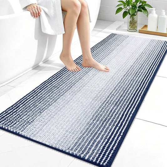 OLANLY Bathroom Runner Rugs 47x24, Soft Chenille Striped Bath Rugs, Navy | Extra Absorbent, Rubber Backing, Machine Wash Dry, Bath Mats for Bathroom Floor, Tub and Shower, Home Decor Accessories