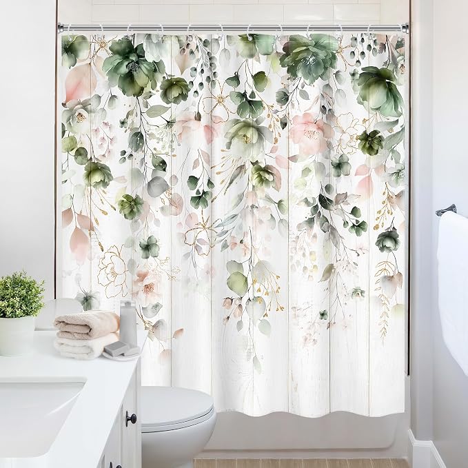 Rustic Green Pink Floral Eucalyptus Leaves Bathroom Shower Curtain Set | 72"W x 72"L Flower Pastel style, clear shower print, fast-dry fabric and hooks for a simple bath update.