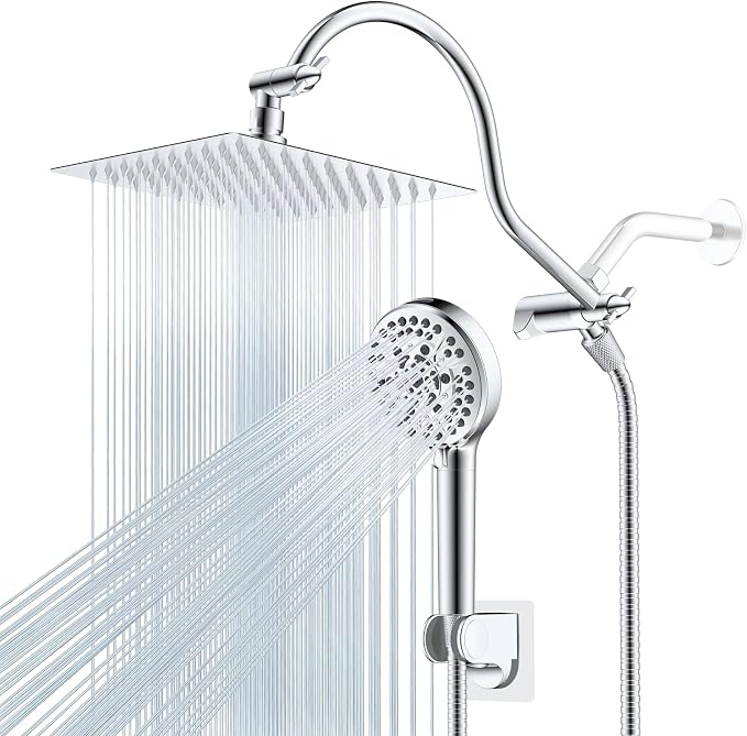 Hibbent All Metal CUPC Certified Shower Head, 8'' High Pressure Rainfall Shower Head, Handheld Showerhead Combo, 12'' Adjustable Extension Arm, 10 Sprays, 71'' Shower Hose, Showerhead Holder, Chrome
