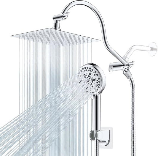 Hibbent All Metal CUPC Certified Shower Head, 8'' High Pressure Rainfall Shower Head, Handheld Showerhead Combo, 12'' Adjustable Extension Arm, 10 Sprays, 71'' Shower Hose, Showerhead Holder, Chrome