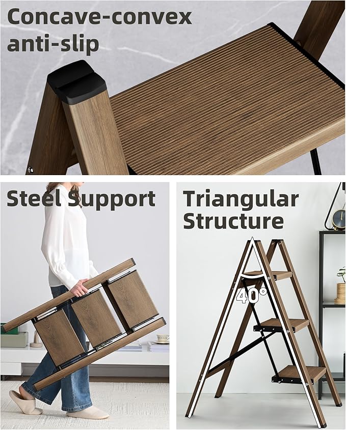 HillhutApex 3 Step Stool Foldable Ladder,Aluminum Step Ladder | Folding Lightweight Stable Stool with Wide Non-Slip Pedals, 330lbs Bearing Capacity Ladder for Office,Home,Kitchen-Walnut