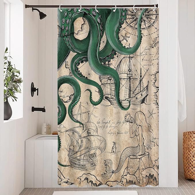 Fungarth Stall Vintage Green Nautical Octopus Shower Curtain Mermaid Funny Ocean Kraken Shower Curtains for Bathroom Cool Anchor Coastal Map Waterproof Fabric Bath Curtain Decor (Retro2, 36” x 72”)
