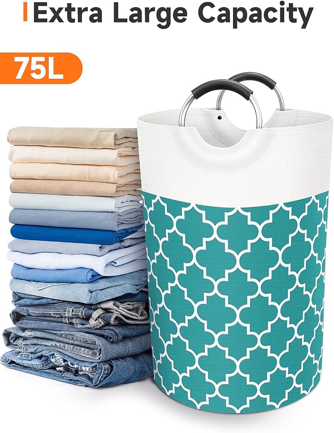 Large Laundry Basket, 75L Tall Collapsible Hamper with Handles, Green | Freestanding Laundry Hamper, Waterproof Dirty Clothes Storage Bag for College, Bathroom, Foldable Washing Bin for Travel