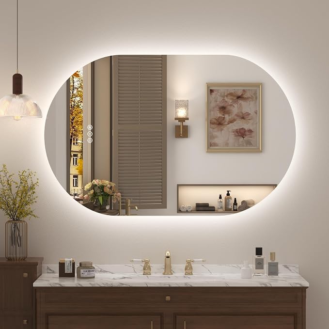 48x30 Inch Oval Backlit LED Bathroom Mirror for Wall | Stepless Dimmable, Shatter-Proof, Anti-Fog, 3 Colors, Memory, Phill-shaped, ETL Listed(Horizontal/Vertical)