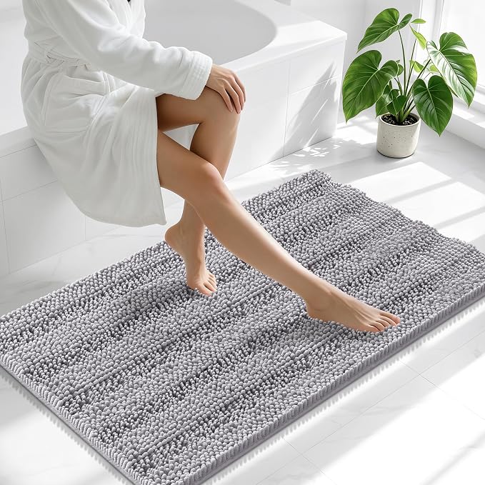 Smiry Thick Chenille Large Bathroom Runner Rugs 45x27, Soft Bath Mat, Grey | Quick‑Dry & Machine Washable, Non‑Slip Bath Carpet, Striped Bath Rugs for Tub & Shower, Modern Home Decor Accessories
