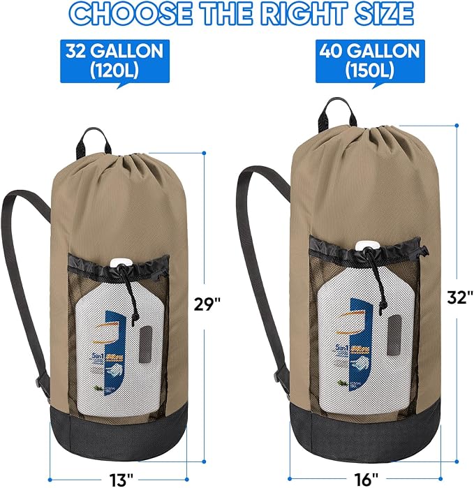 BALEINE 120L Laundry Bag Backpack, 900D Oxford Fabric Large Travel Laundry Bags with Shoulder Straps and 2 Mesh Pockets for College Dorm, Apartment, Laundromat (Khaki, 120L)