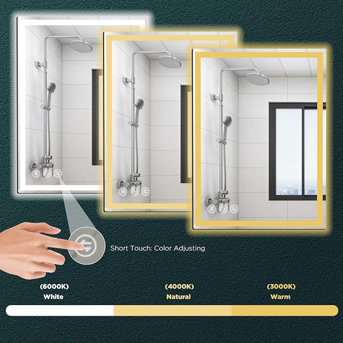 32" x 24" LED Bathroom Mirror with Lights, Memory Vanity Mirror | Anti-Fog, 3 Color Modes, Dimmable, Front Lit, Memory Function, Tempered Glass, Lighted Bathroom Mirror for Wall