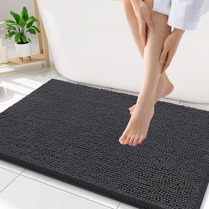 Smiry Bathroom Rugs 34X21, Luxury Chenille Extra Soft Absorbent Bath Mat | Charcoal Grey, Machine Washable Non-Slip Plush Bath Mats for Bathroom, Tub, Shower, and Floor, Home Decor