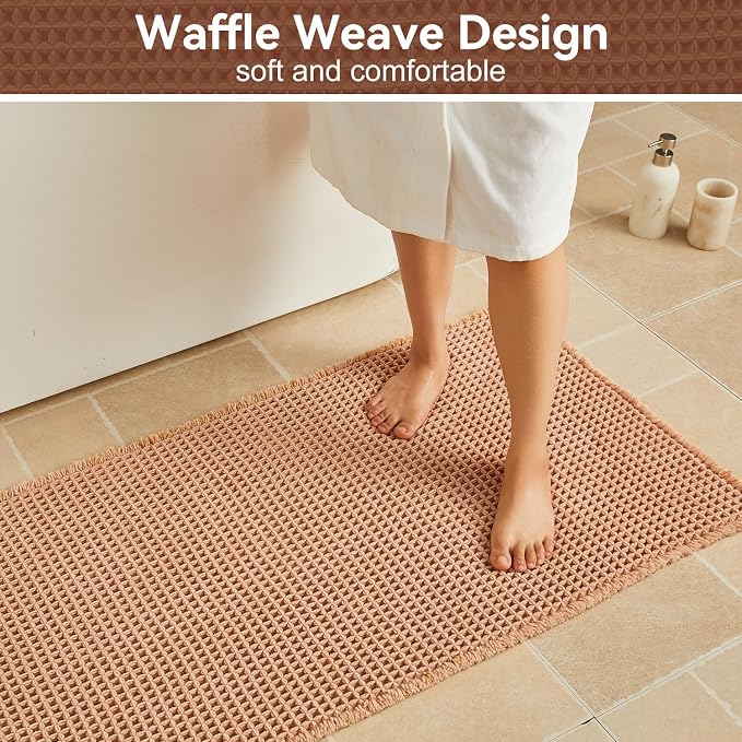 Triohero Waffle Runner Bath Mat - Long Bathroom Rugs Non Slip Washable, Ultra Soft Super Absorbent Quick Dry Boho Farmhouse Bathroom Decor, 24" x 60"', Light Peachy