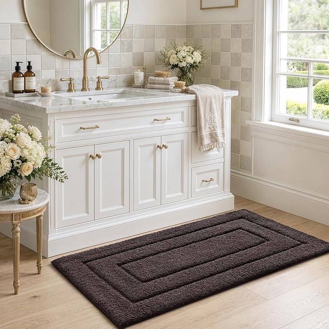 DEXI Bathroom Rugs 32x20, Non-Slip and Absorbent Bath Mat, Brown | Machine Washable, Soft Plush Microfiber Bathmat with Rubber Back, Quick Dry Rug for Shower, Tub, Sink