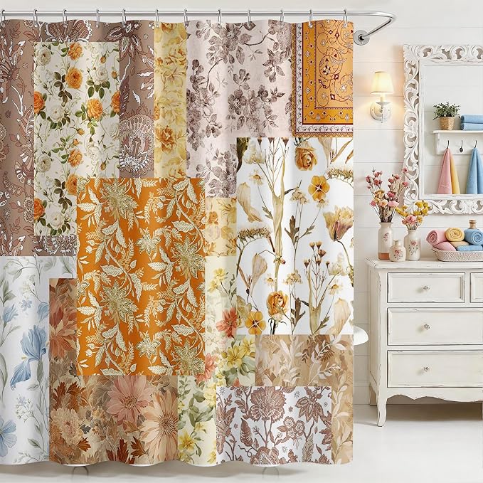 Vintage Boho Shower Curtain Retro Floral Shower Curtain Boho Floral Bathroom Decor Waterproof Mid Century Farmhouse Flowers Patchwork Bath Curtain 72 X 72 Inch (Yellow, 72"W x 72"L (Pack of 1))