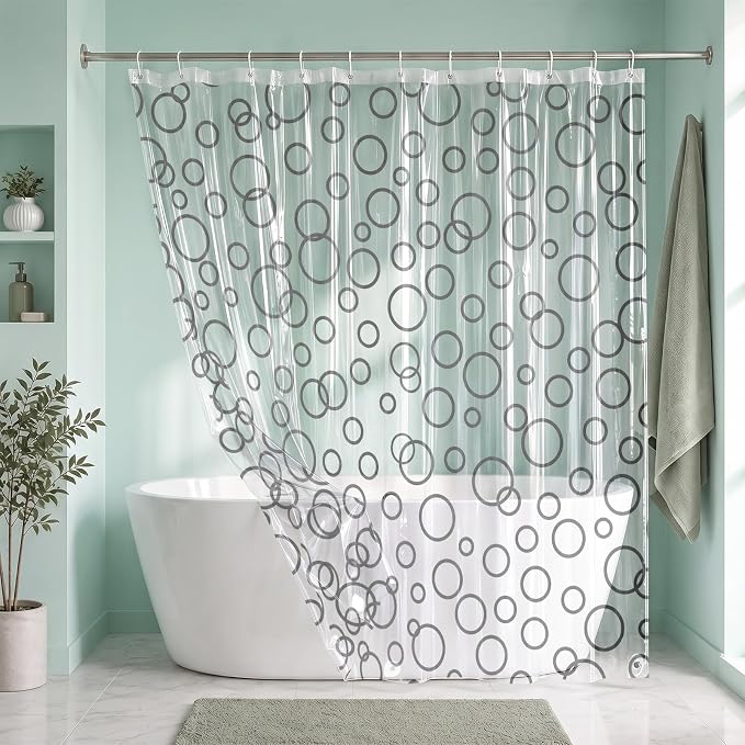 Clear Shower Curtain Liner, Geometric Abstract PEVA, 72x72 Inch | Circle Modern Waterproof Bath Plastic Shower Curtains Set with 3 Weighted Magnets and 12 Hooks for Bathroom Decor