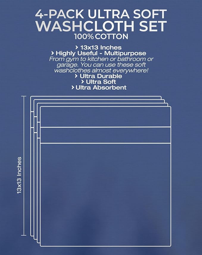 American Veteran Towel, 100% Cotton Turkish Washcloths for Bathroom Essentials 4 Pack, Soft Absorbent Wash Cloths Quick Drying Small Towels Washrags, White
