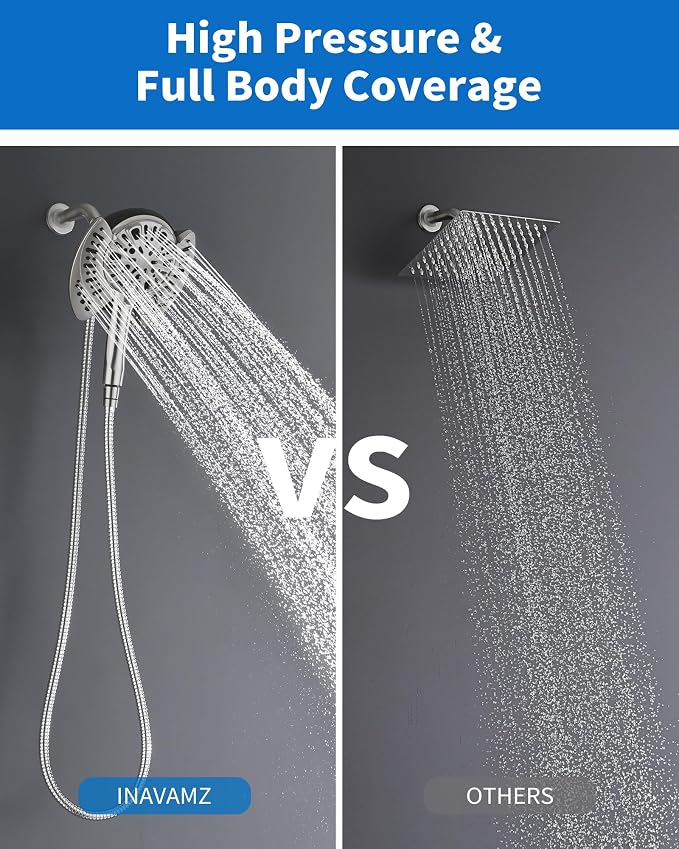 2 in 1 Shower Head with Handheld Combo High Pressure Nickel 2.5 GPM | 7.2" Rain Showerhead and 9 Spray Hand Held Shower, Adjustable Shower Angle, 59-inch Rotatable Stainless Steel Hose