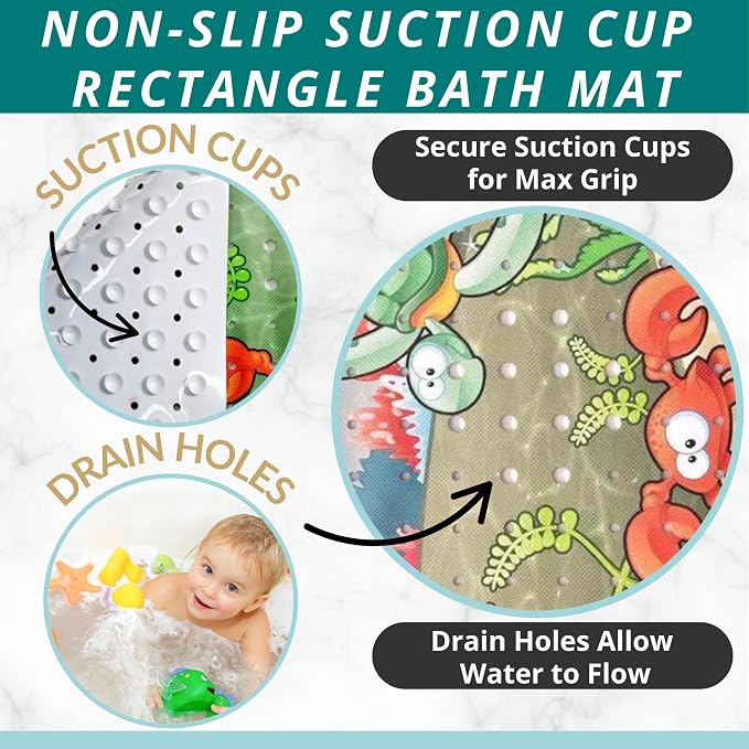 ENKOSI Bath Mat - Large Non Slip Bathtub & Shower Mat - Extra Long 40 x 16 Inch Bathroom Mats for Tub Nonslip Anti Slip Bathmats (Ocean Friends), 1 Pack | Fun ocean animals print for kids; Durable PVC; 40x16 in, Ocean Friends
